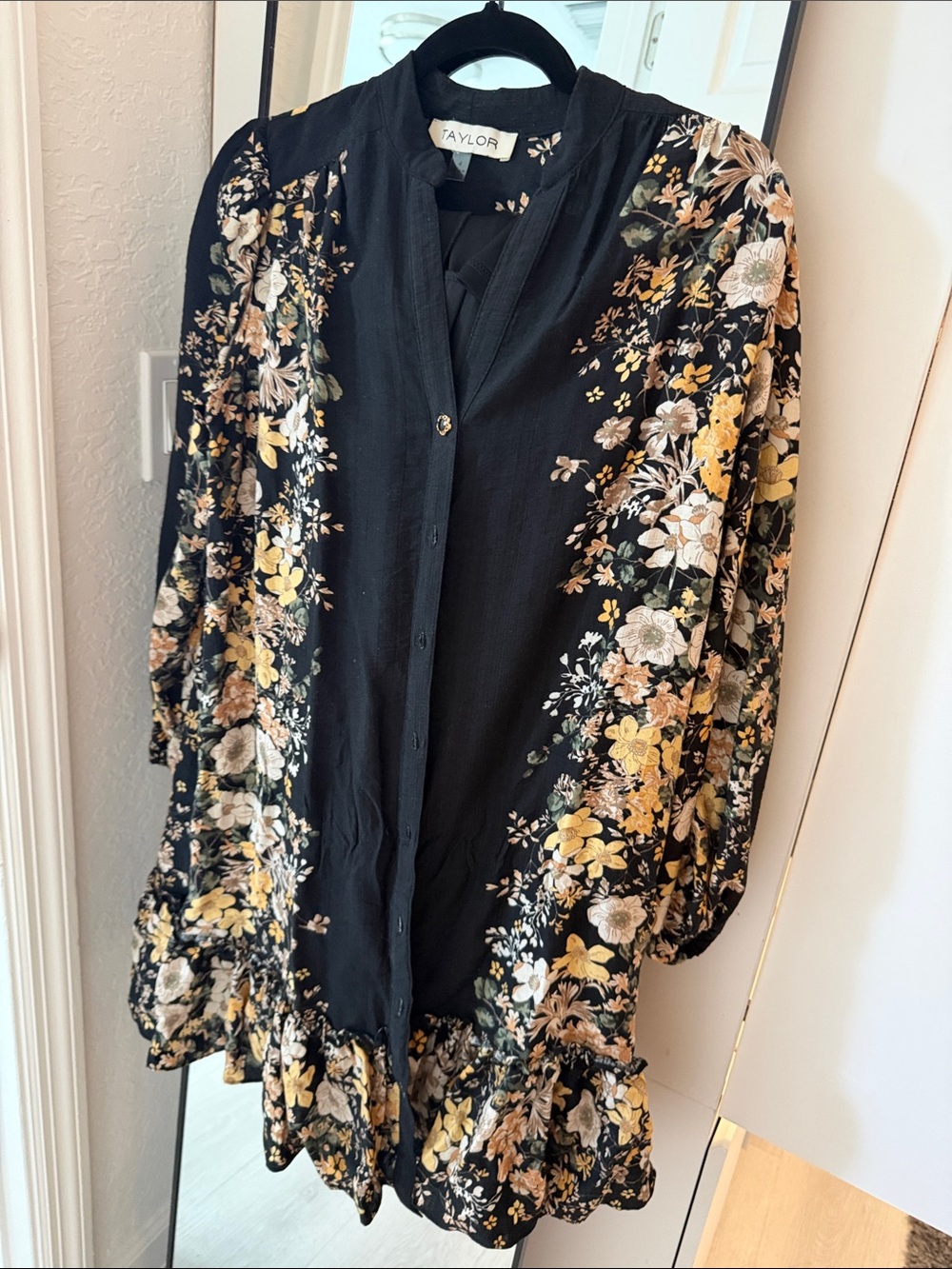 Taylor Black Floral Ruffled Button-Front Tunic Dress